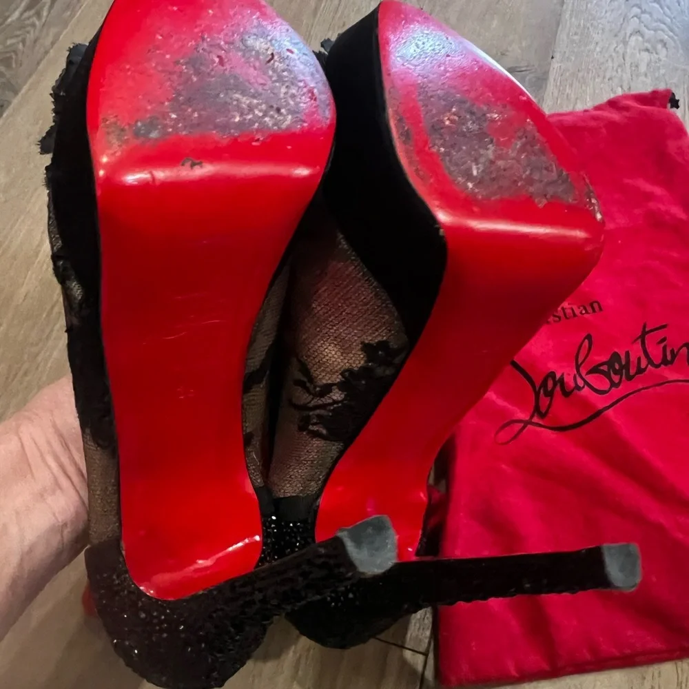 Christian Louboutin Tsar 140 Black Lace & Swarovski Crystal Platform Pumps 39 - Picture 7 of 8